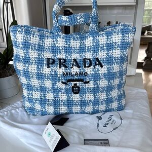 BRAND NEW Prada Blue and White Gingham Tote Bag raffia beach pool tote
